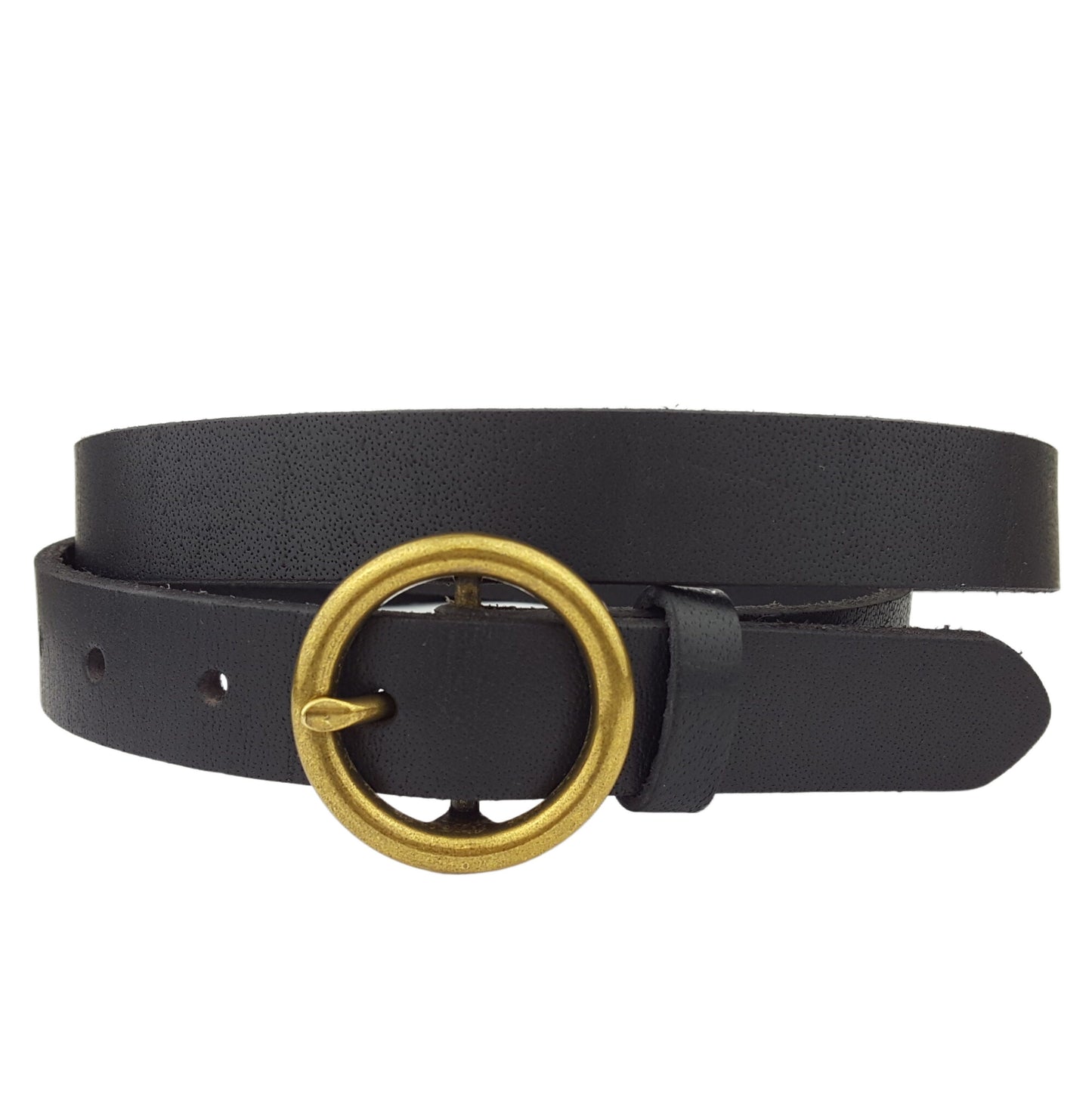 Belt: Genuine Leather Skinny Belt with Round Brass Buckle