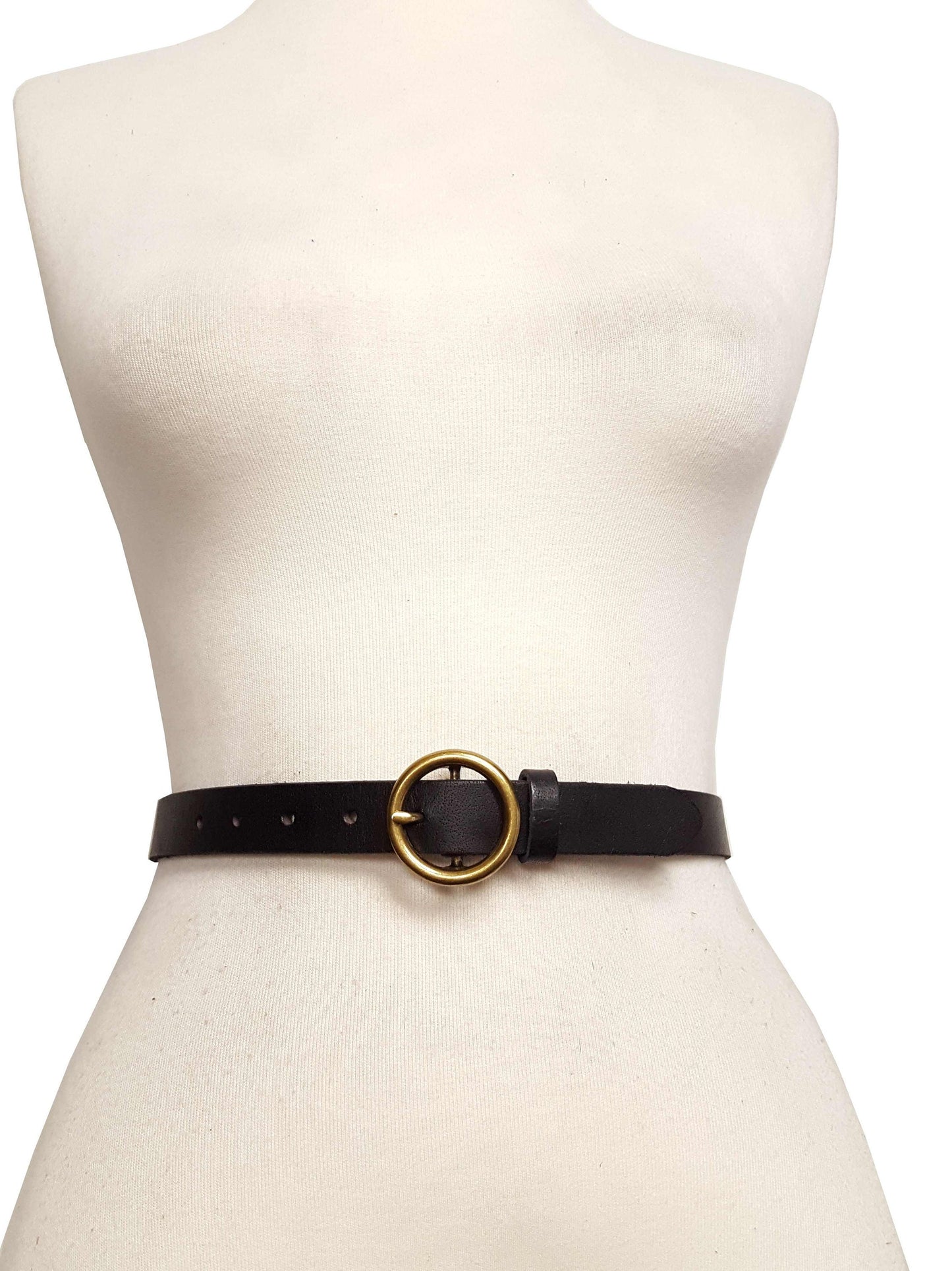 Belt: Genuine Leather Skinny Belt with Round Brass Buckle