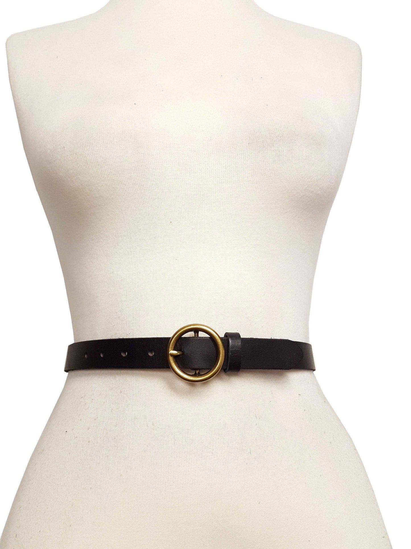 Belt: Genuine Leather Skinny Belt with Round Brass Buckle