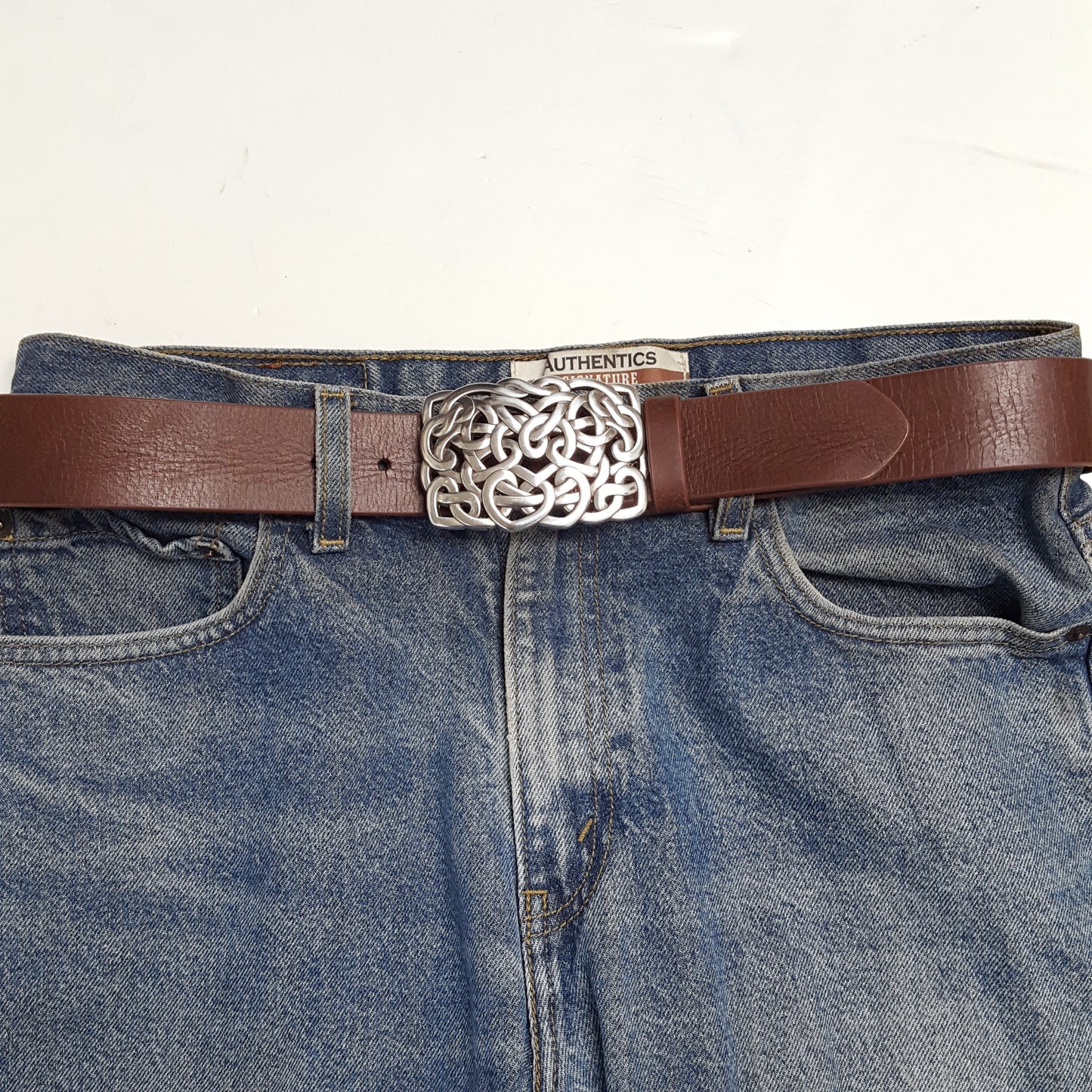 Belt: Genuine Leather Belt Strap w. Western Silver Heart Knotted Buckle