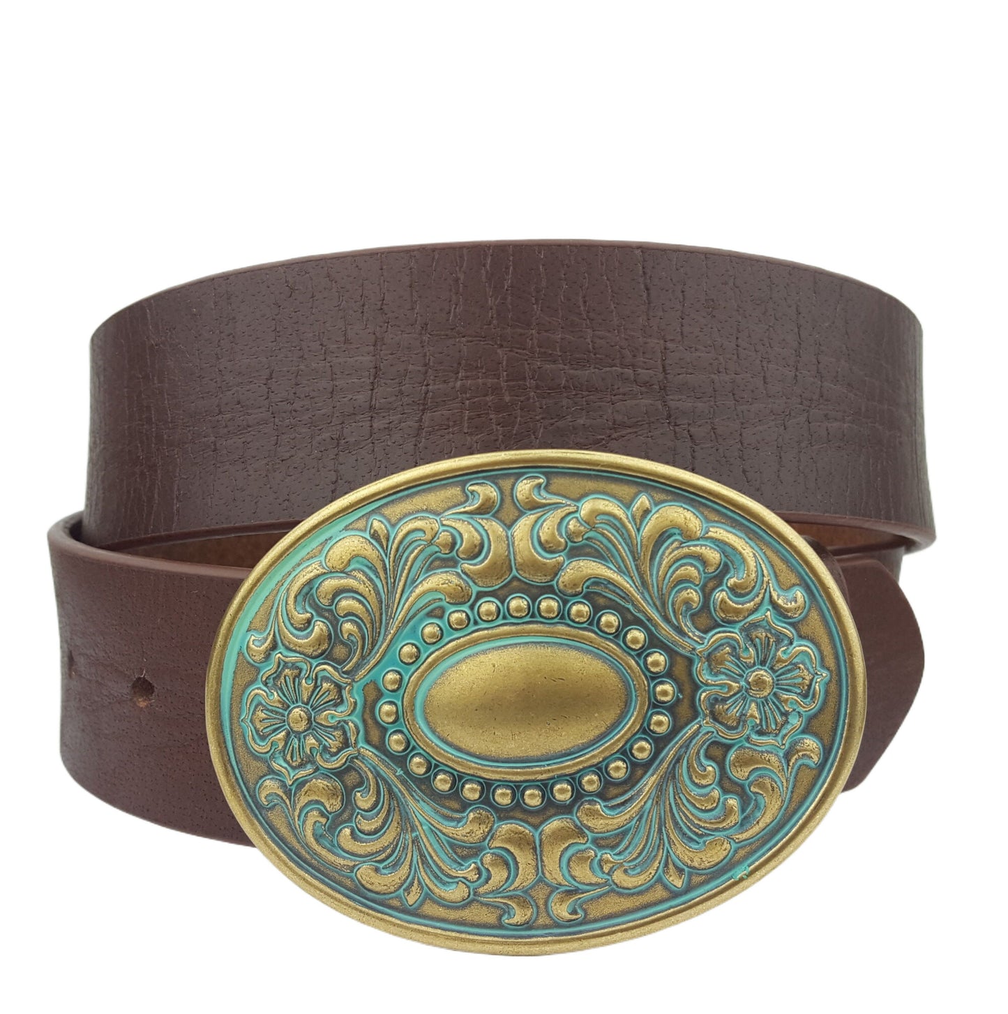 Belt: Genuine leather belt w. Western Silver Floral buckle