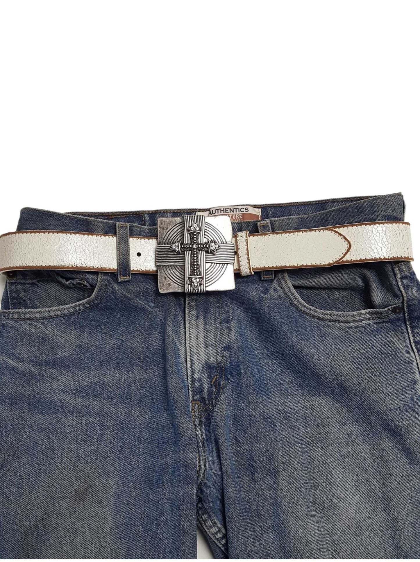 Belt: Vintage Leather belt with Crystal Cross Square Buckle
