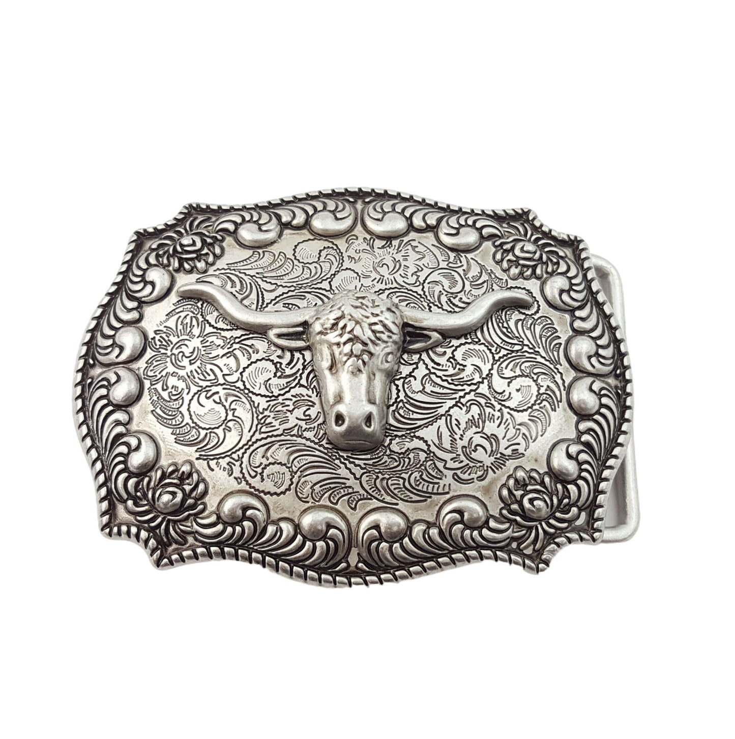 Buckle: Western Antique Silver Long Horn Design Belt Buckle