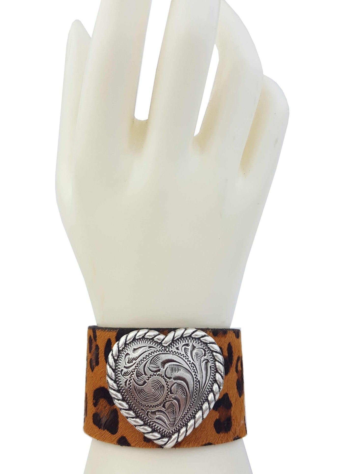Bracelet: Genuine Cow Hair Leather Cuff w. Heart Concho