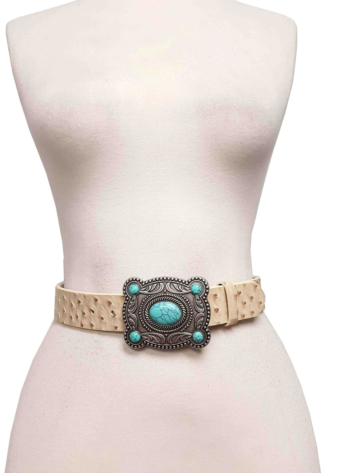 Belt: Western Silver Turquoise Buckle w. Ostrich Belt