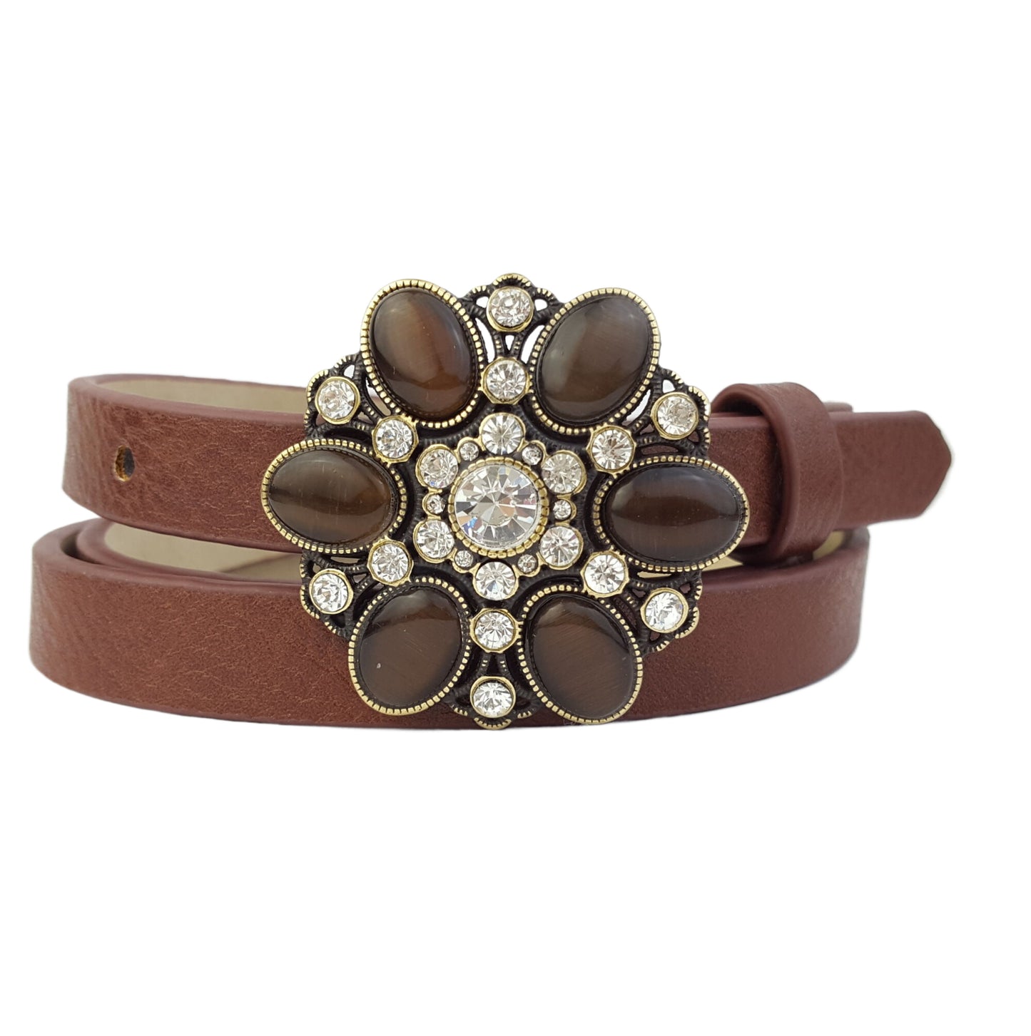 Belt Sale: Crystal & Stone Flower Buckle In Skinny Belt