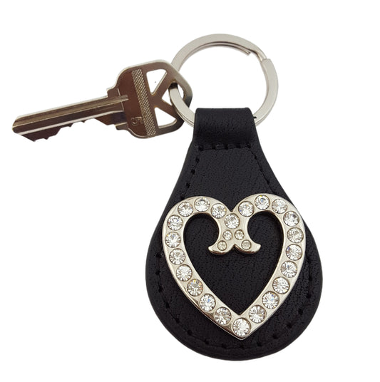Key Chain: Genuine Leather Key Fob w. Crystal Heart