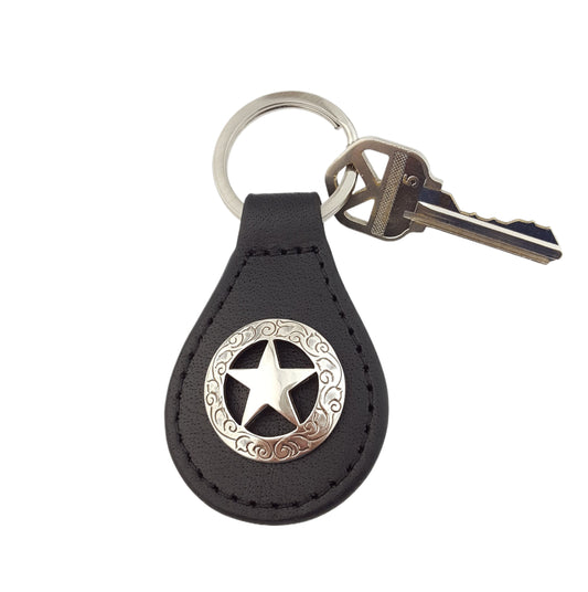 Key Chain: Genuine Leather Key Fob w. Silver Ranger Star