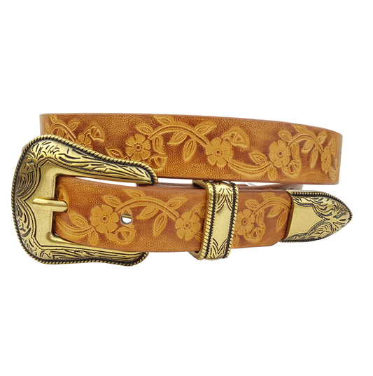 Belt: Western-Inspired Buckle set w. hand-Painted floral tooled belt