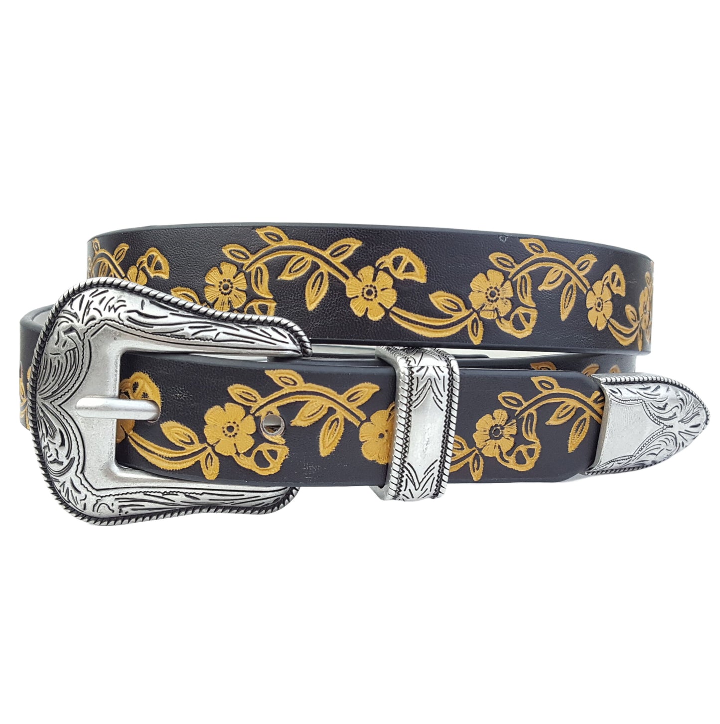 Belt: Western-Inspired Buckle set w. hand-Painted floral tooled belt