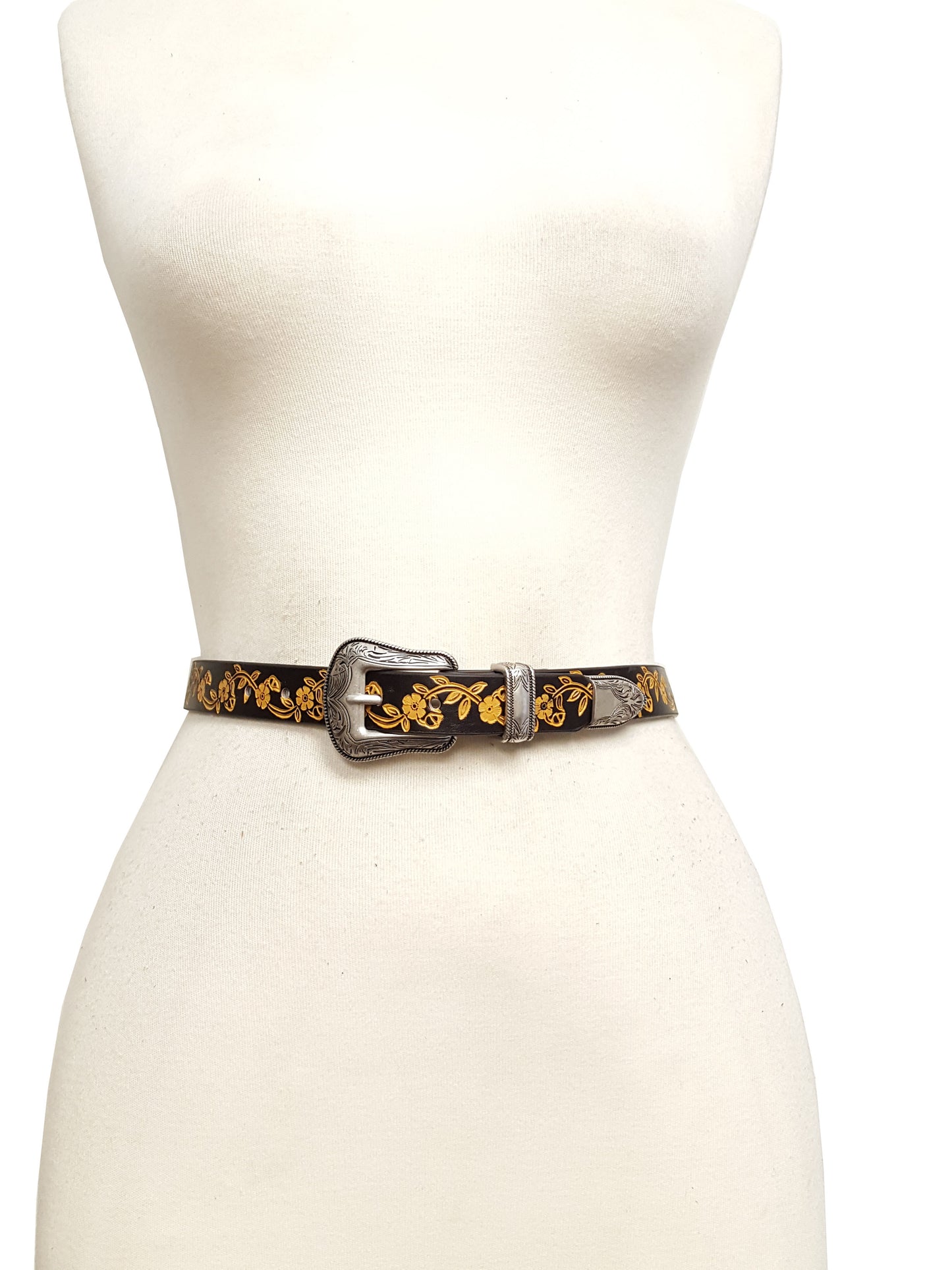 Belt: Western-Inspired Buckle set w. hand-Painted floral tooled belt