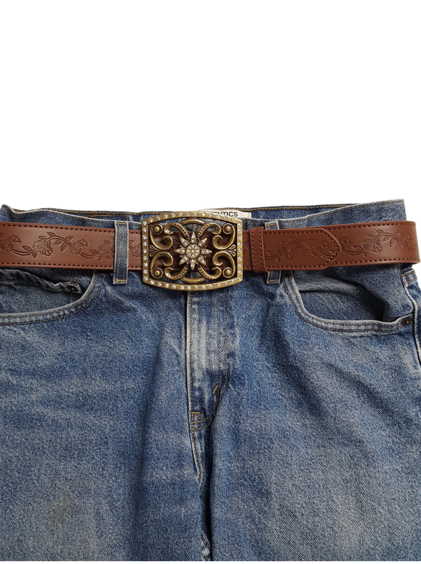Belt Sale: Western-Inspired Floral Buckle w. tooled floral belt