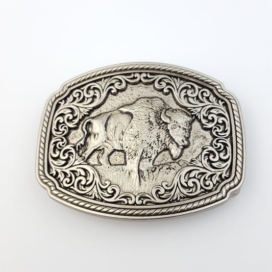 Buckle: Western Wild Bison in Antique Silver Belt Buckle