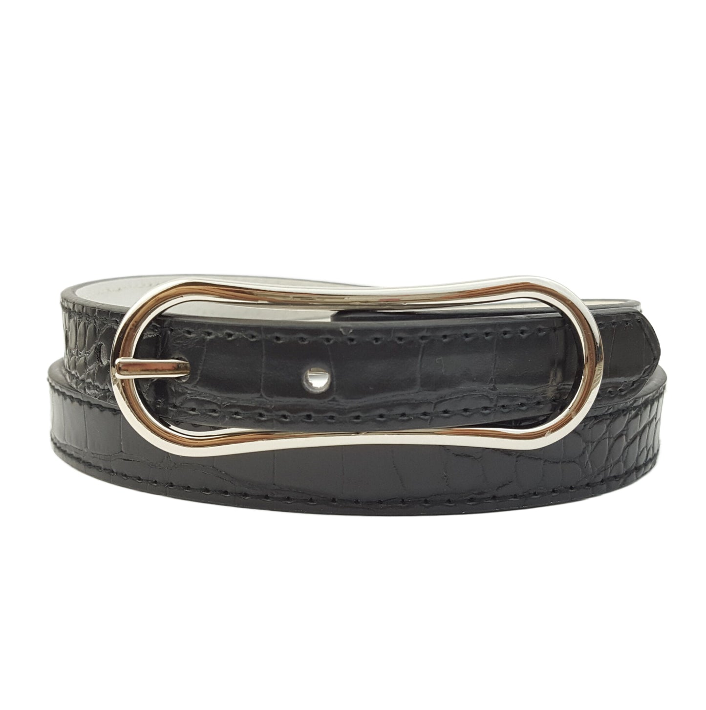 Belt: Skinny Alligator Print belt in Silver Oblong Buckle