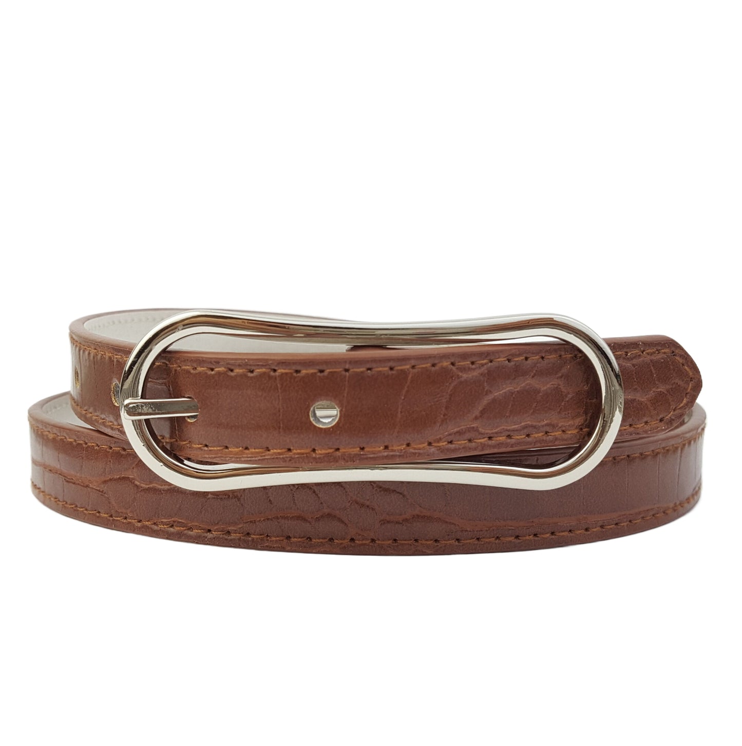 Belt: Skinny Alligator Print belt in Silver Oblong Buckle
