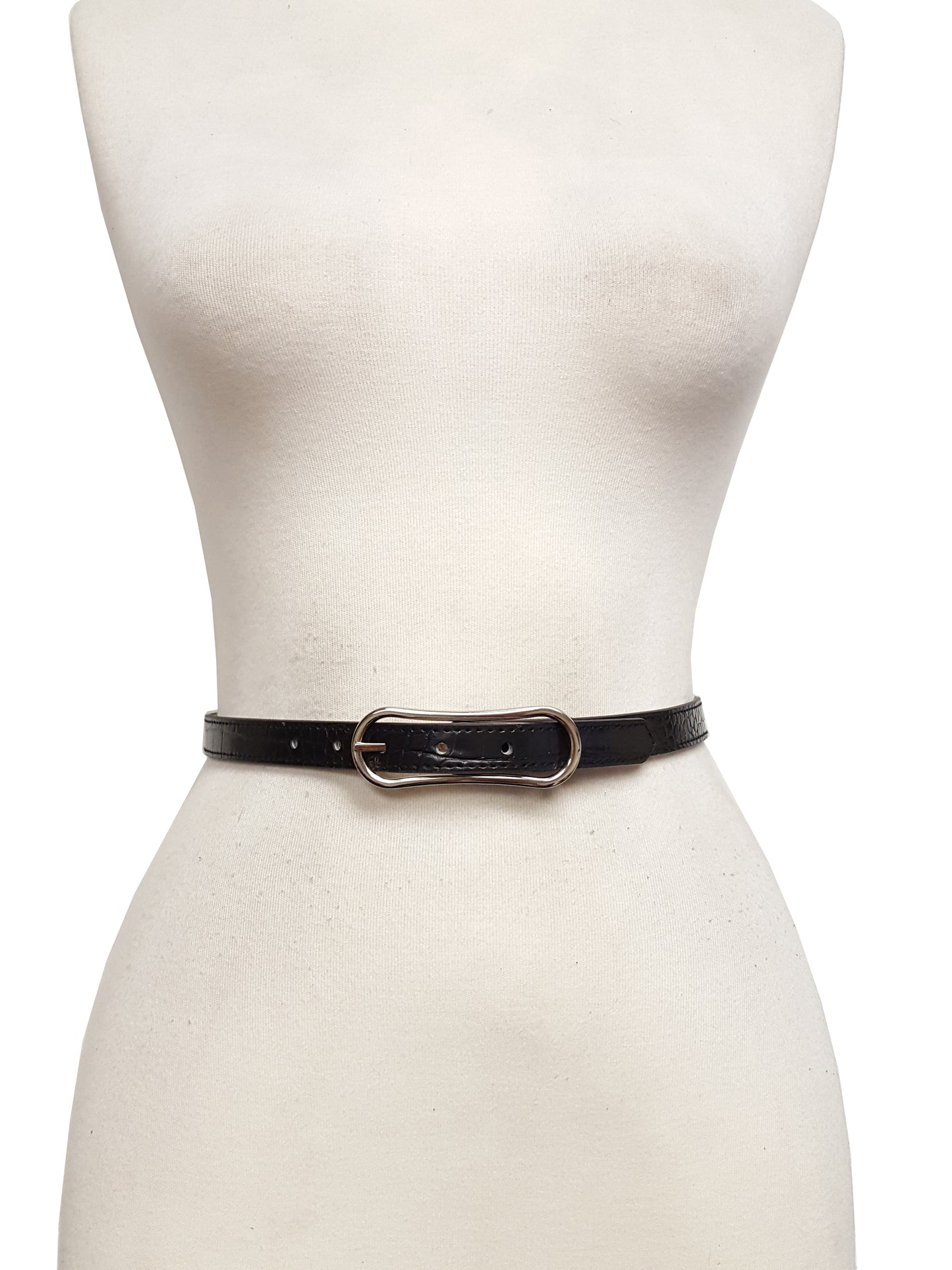 Belt: Skinny Alligator Print belt in Silver Oblong Buckle