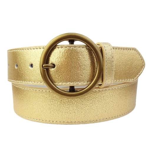Belt: Genuine Metallic Leather belt w. Round Buckle