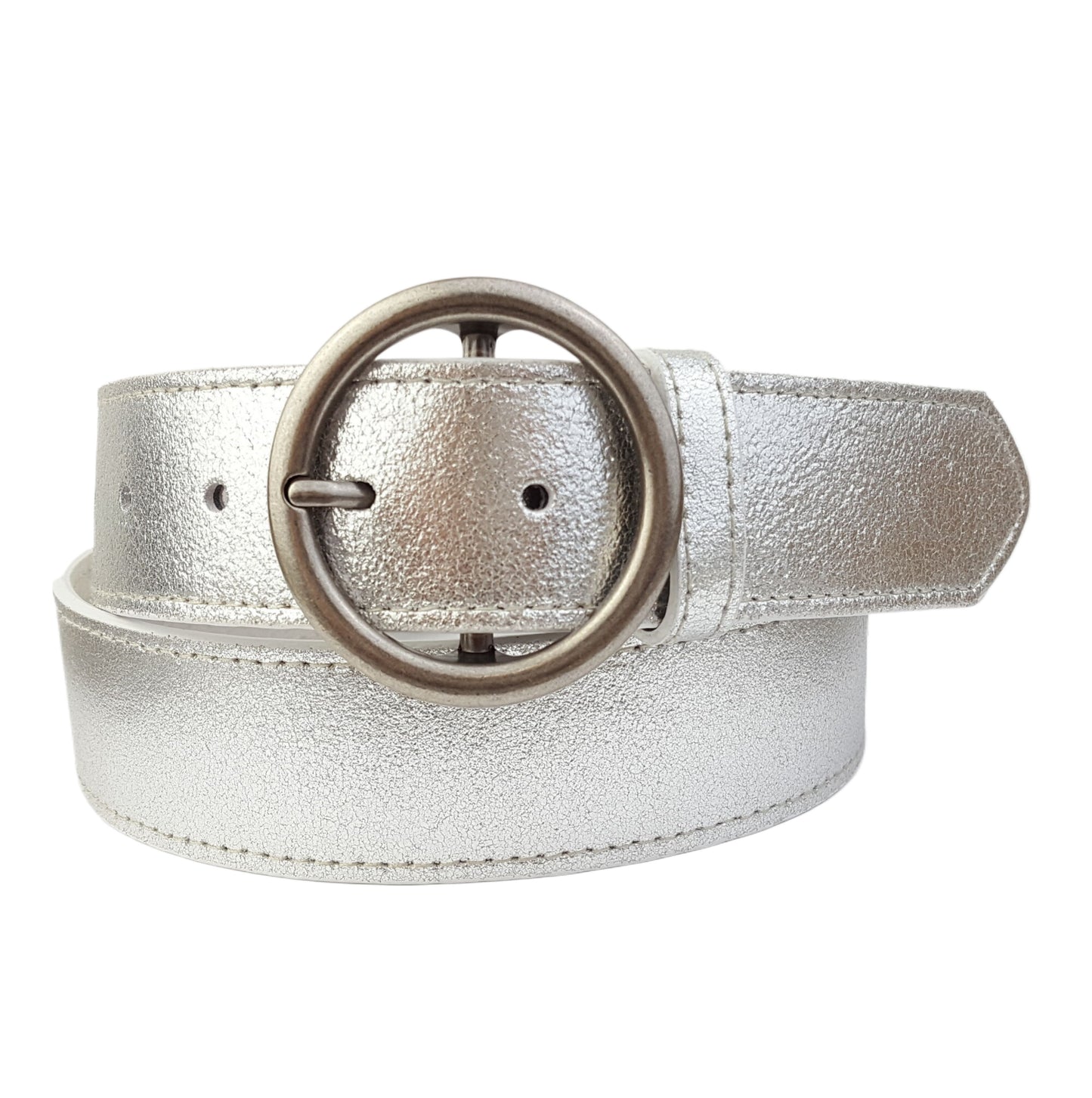 Belt: Genuine Metallic Leather belt w. Round Buckle