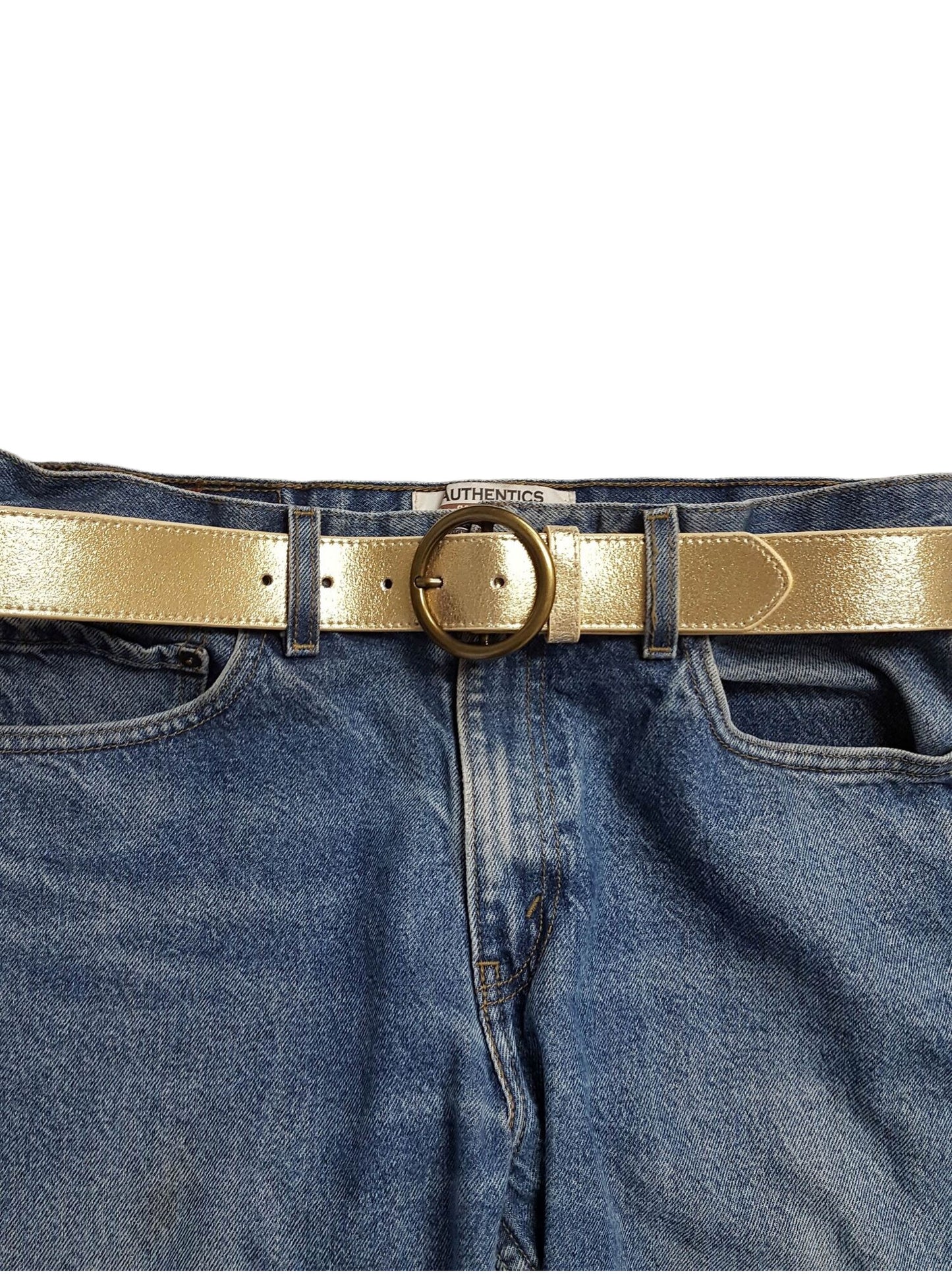 Belt: Genuine Metallic Leather belt w. Round Buckle