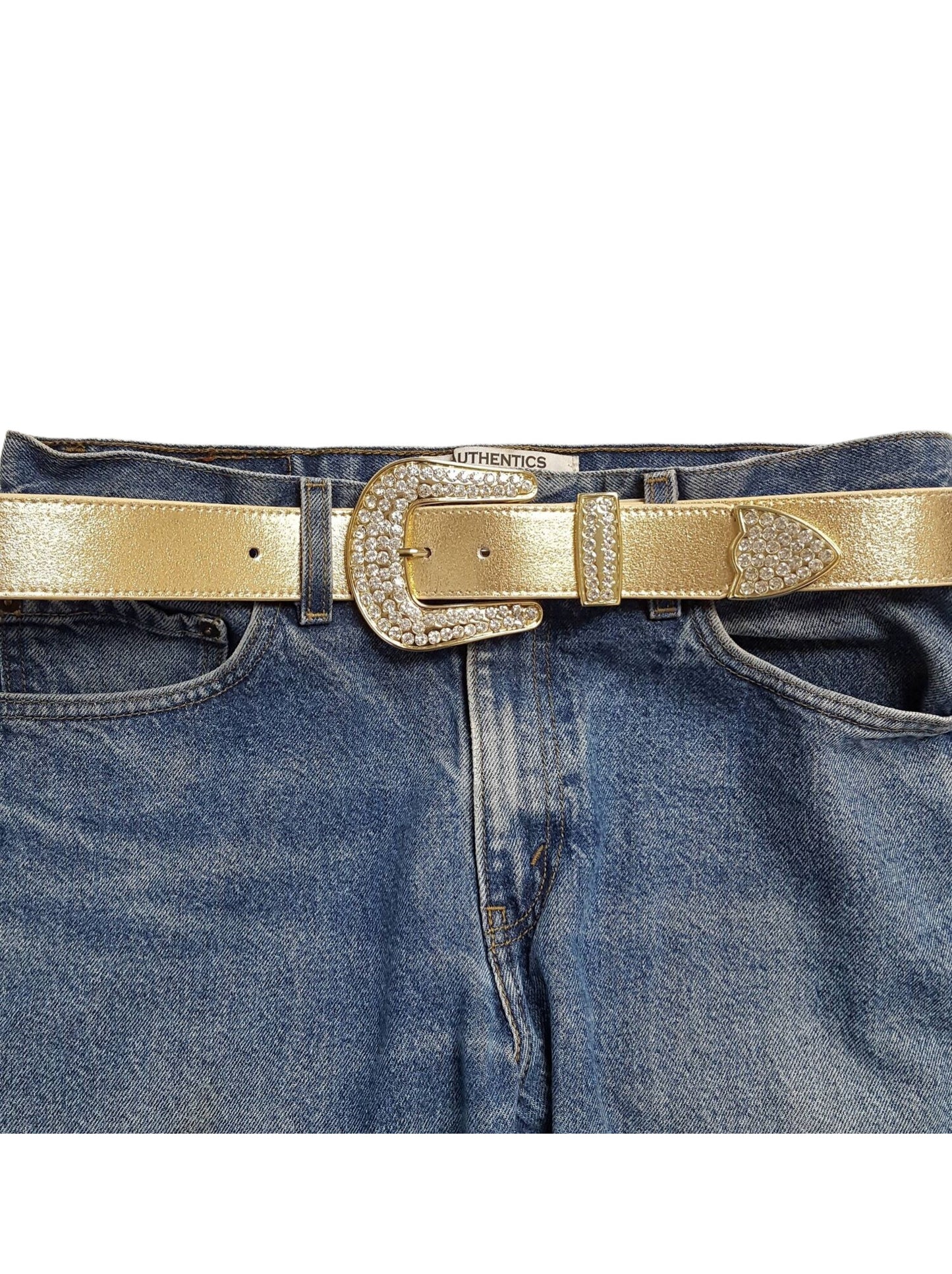 Belt: Genuine Metallic Leather belt w. Rhinestone Buckle set