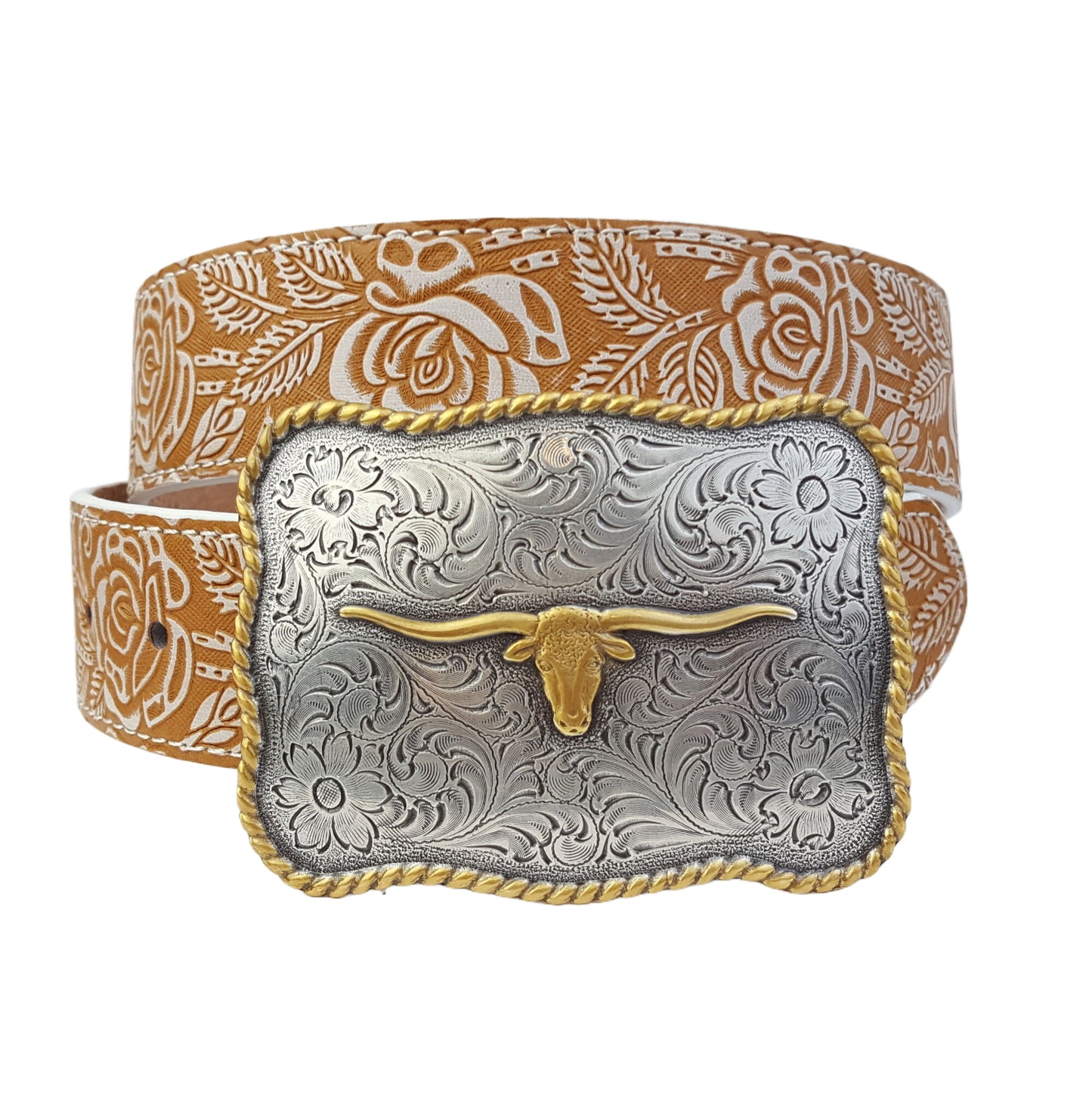 Belt: Quality Western-Inspired Longhorn buckle in silver with gold edge and Longhorn