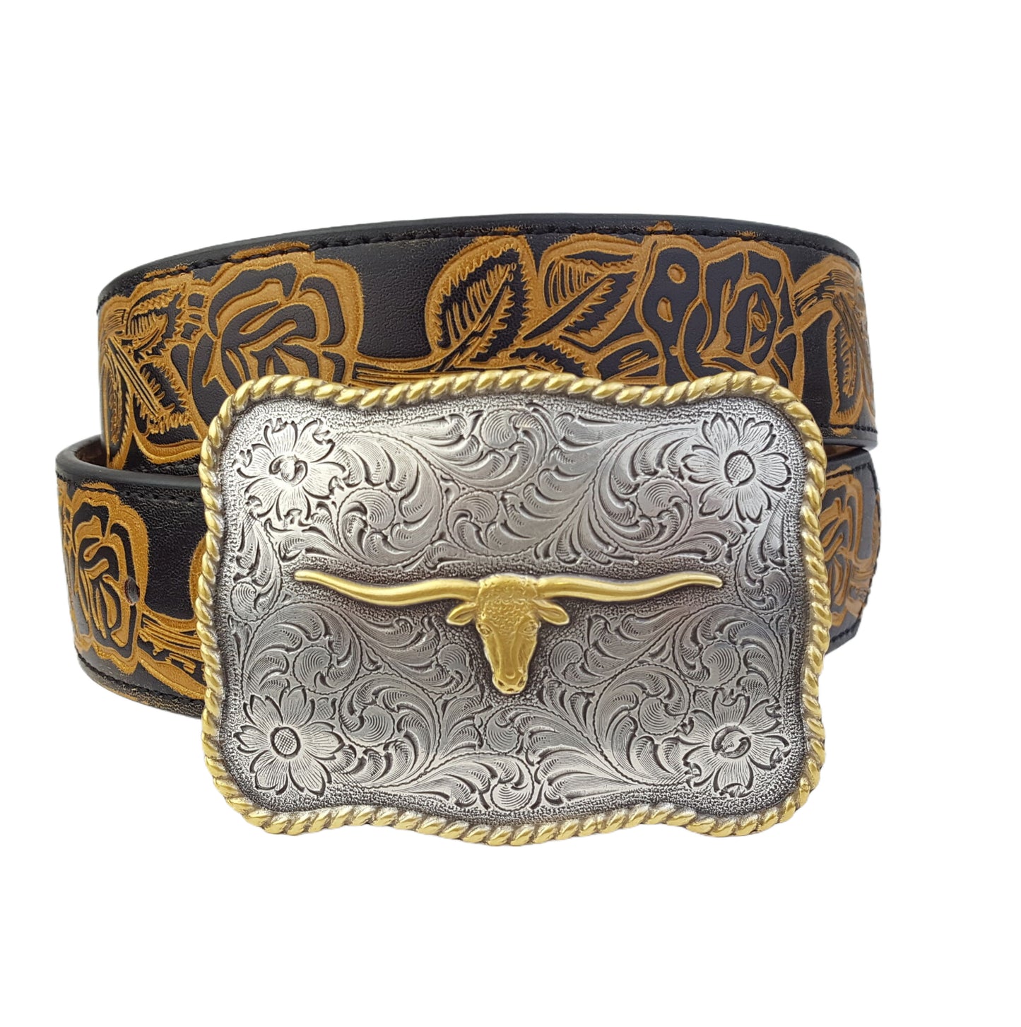 Belt: Quality Western-Inspired Longhorn buckle in silver with gold edge and Longhorn