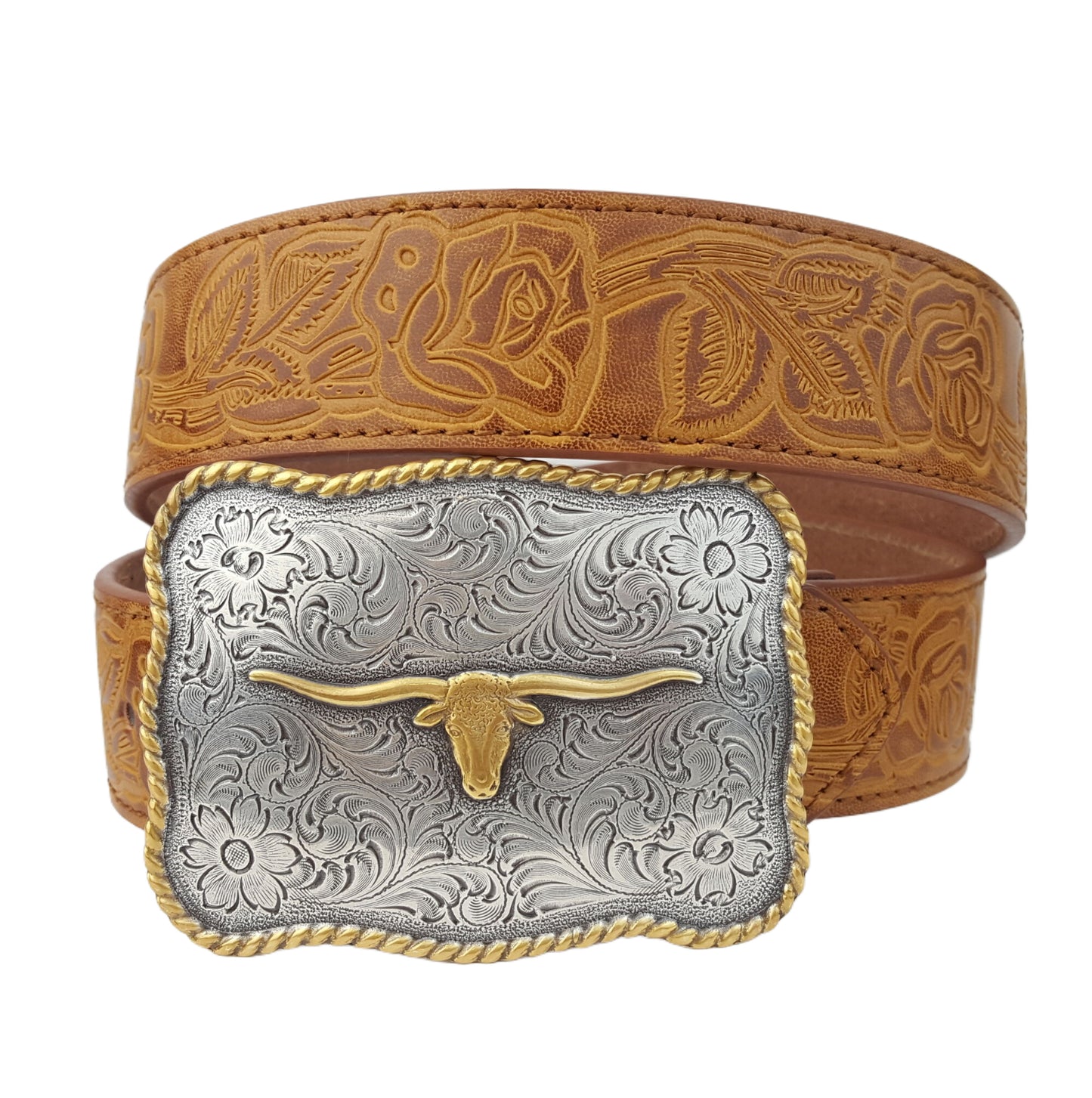 Belt: Quality Western-Inspired Longhorn buckle in silver with gold edge and Longhorn