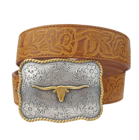 Belt: Quality Western-Inspired Longhorn buckle in silver with gold edge and Longhorn