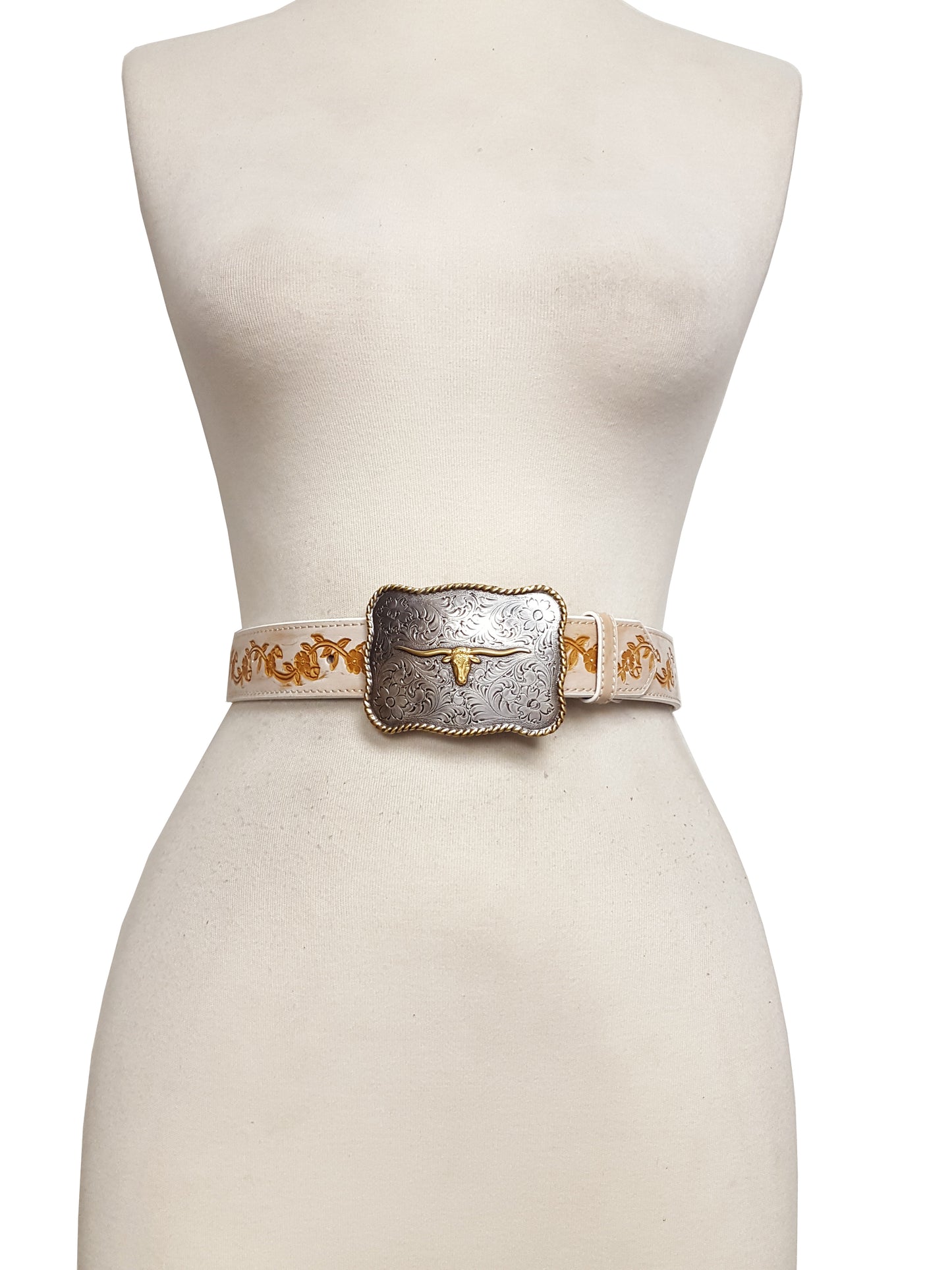 Belt: Western Long Horn Buckle with Hand Painted Embossed Floral belt