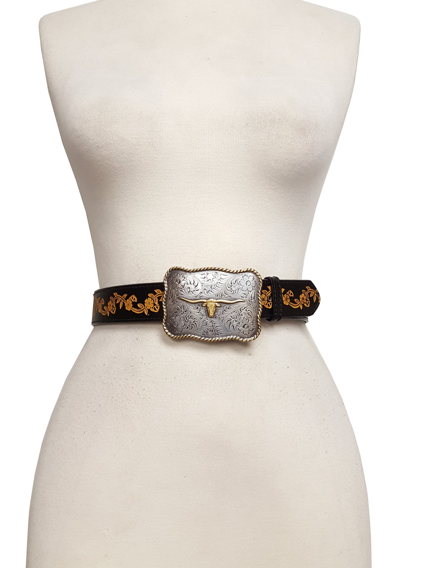 Belt: Western Long Horn Buckle with Hand Painted Embossed Floral belt