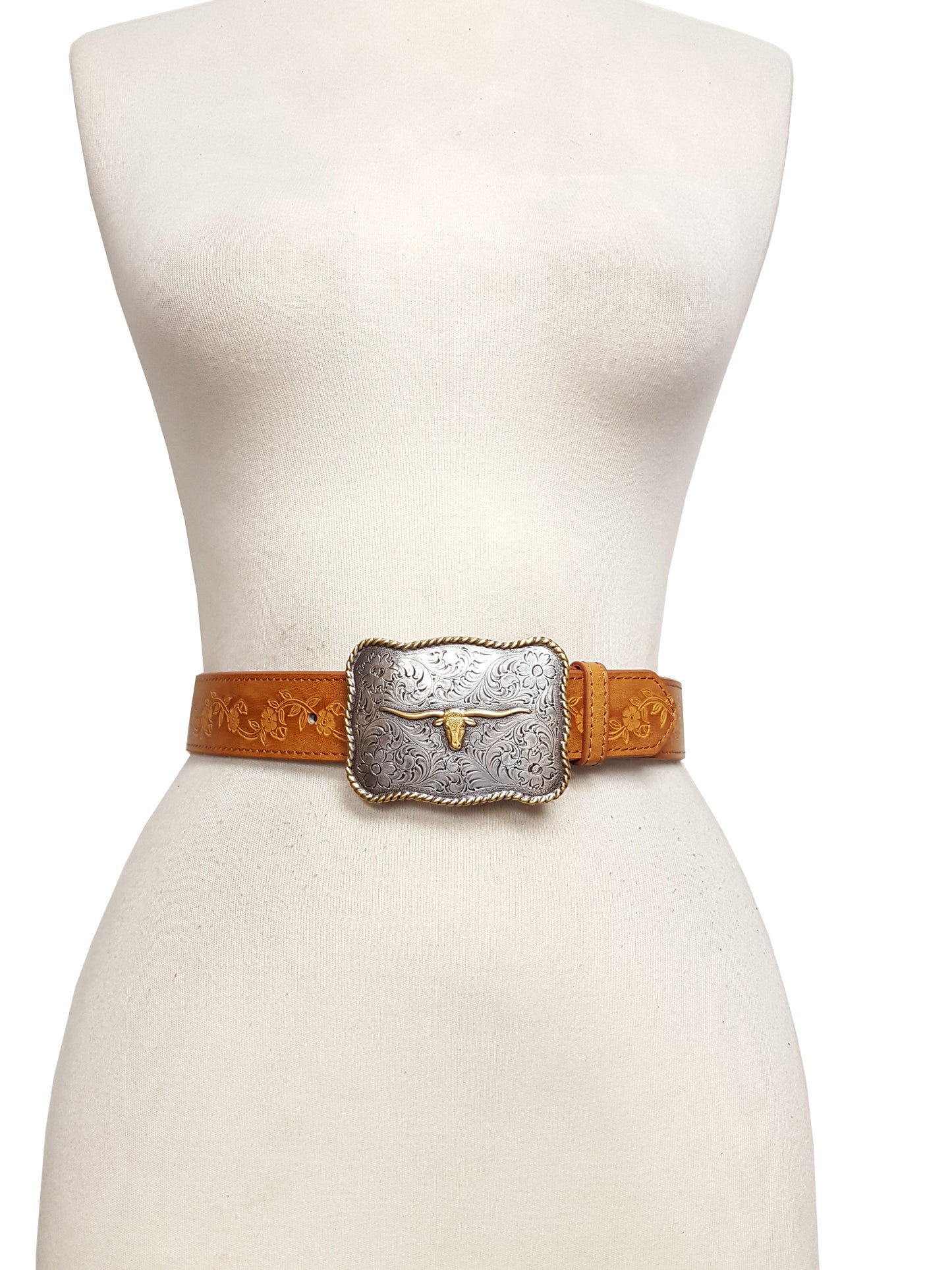 Belt: Western Long Horn Buckle with Hand Painted Embossed Floral belt