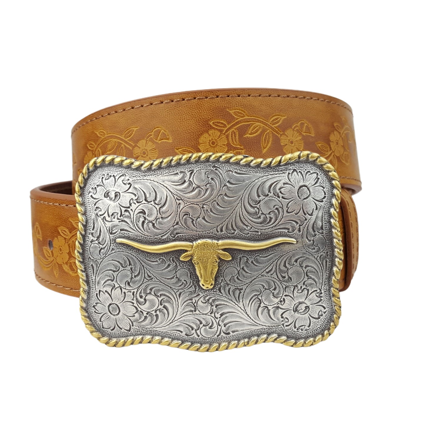 Belt: Western Long Horn Buckle with Hand Painted Embossed Floral belt