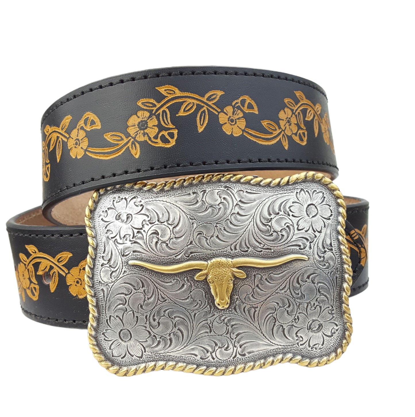Belt: Western Long Horn Buckle with Hand Painted Embossed Floral belt