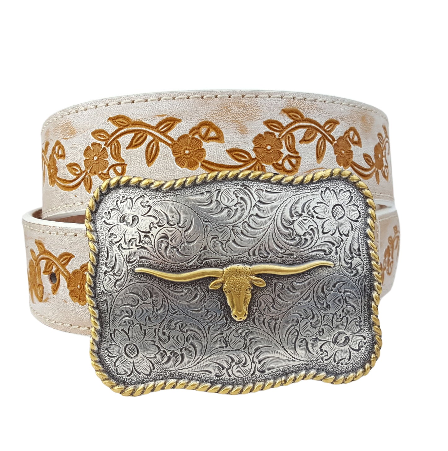 Belt: Western Long Horn Buckle with Hand Painted Embossed Floral belt
