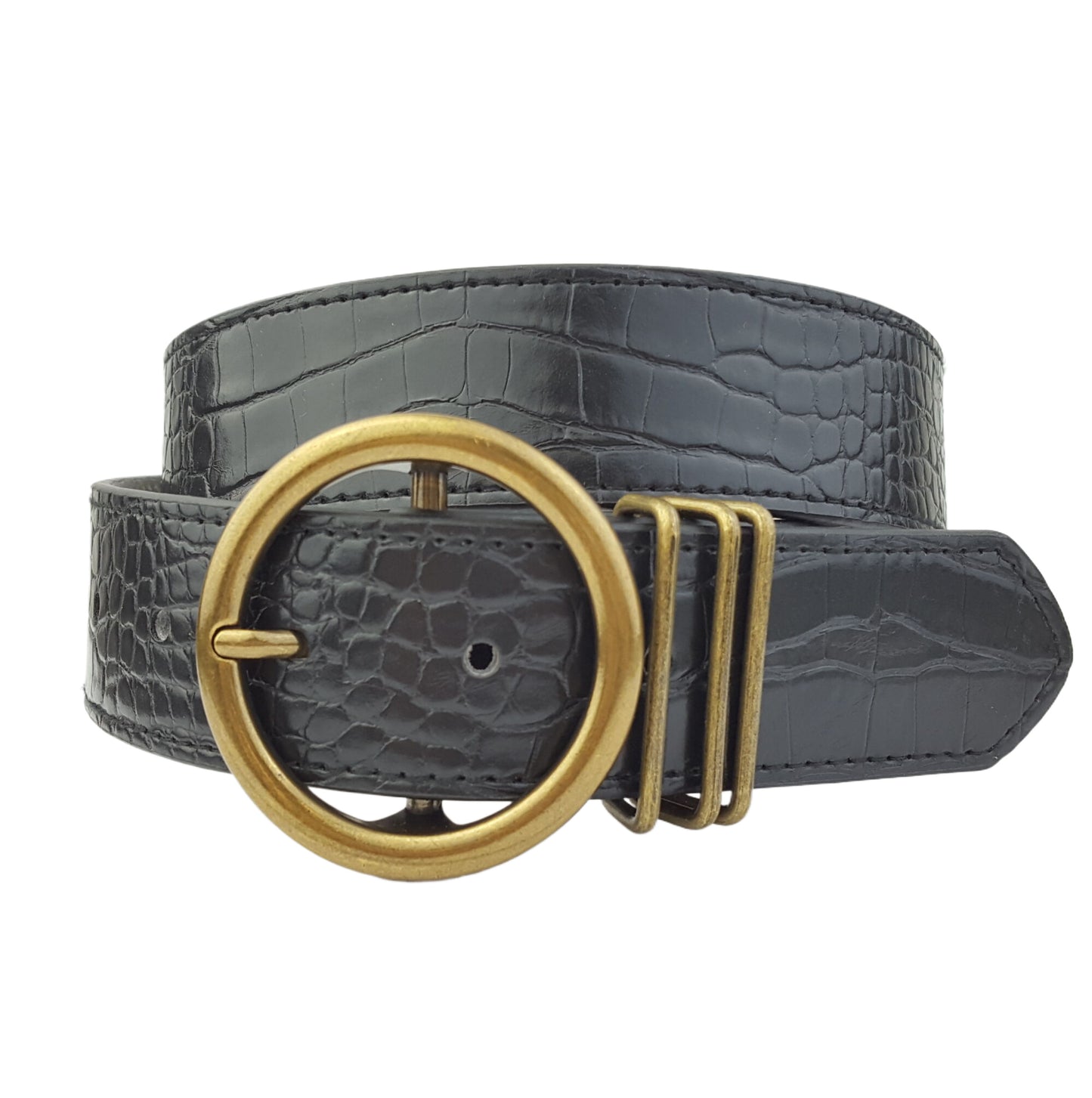 Belt: Alligator-Print Brass Round Buckle Belt