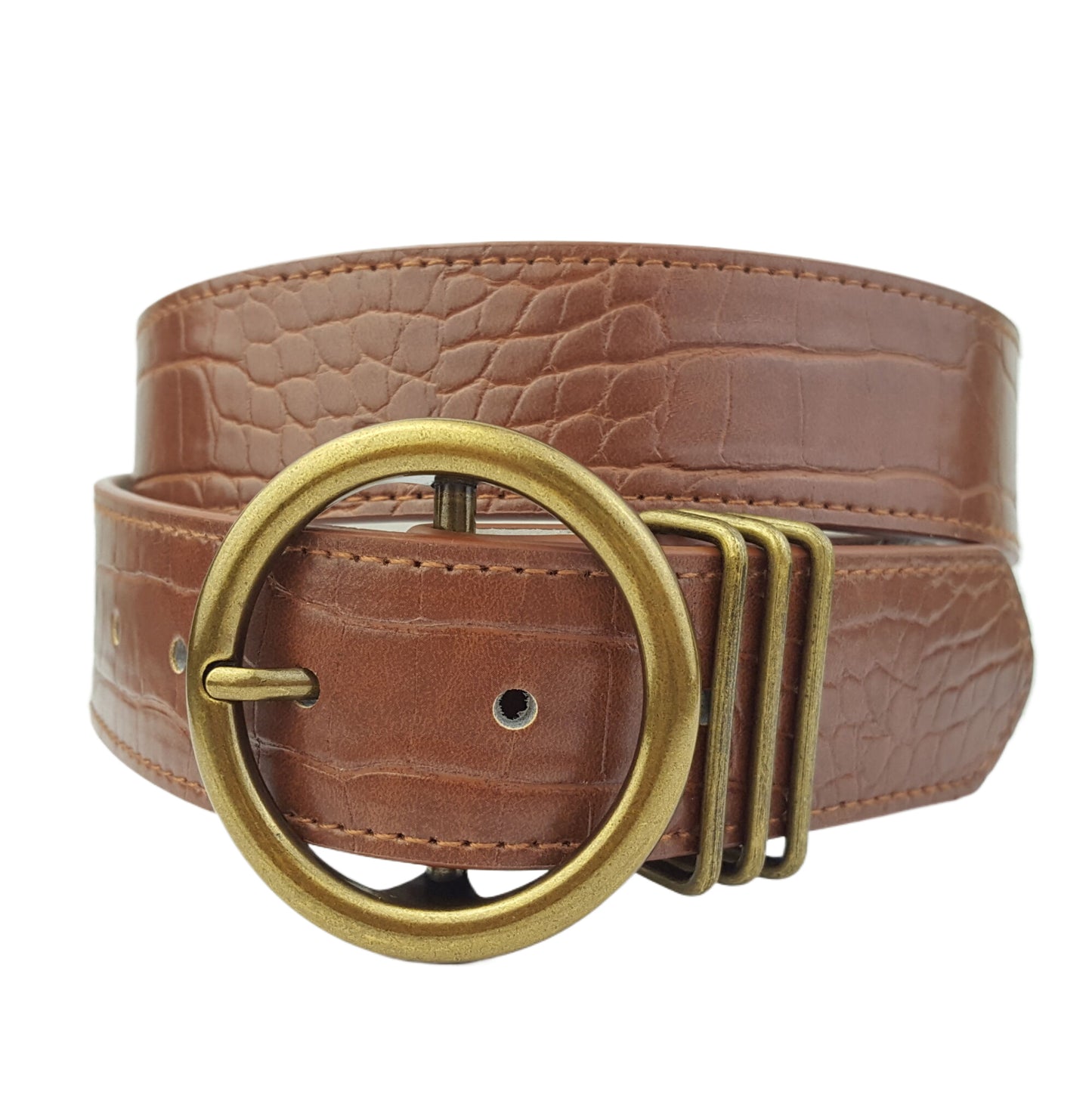 Belt: Alligator-Print Brass Round Buckle Belt