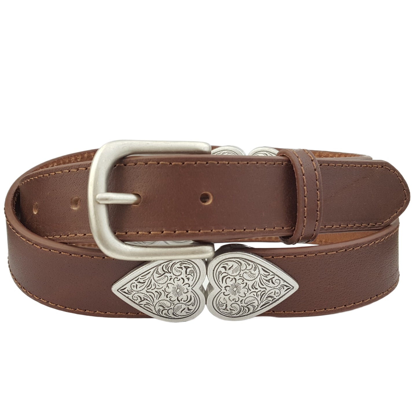 Belt: Genuine Leather Belt with Silver Heart Connectors