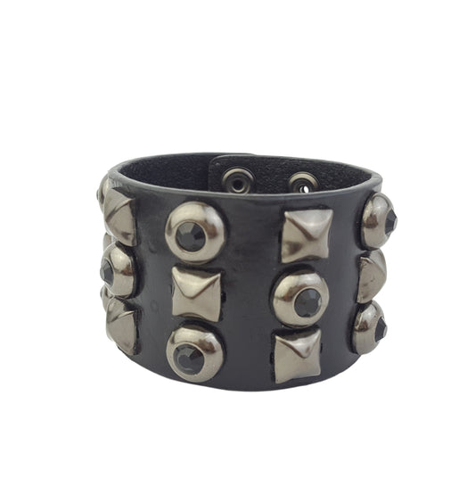 Bracelet: Genuine Black Leather Cuff with studs