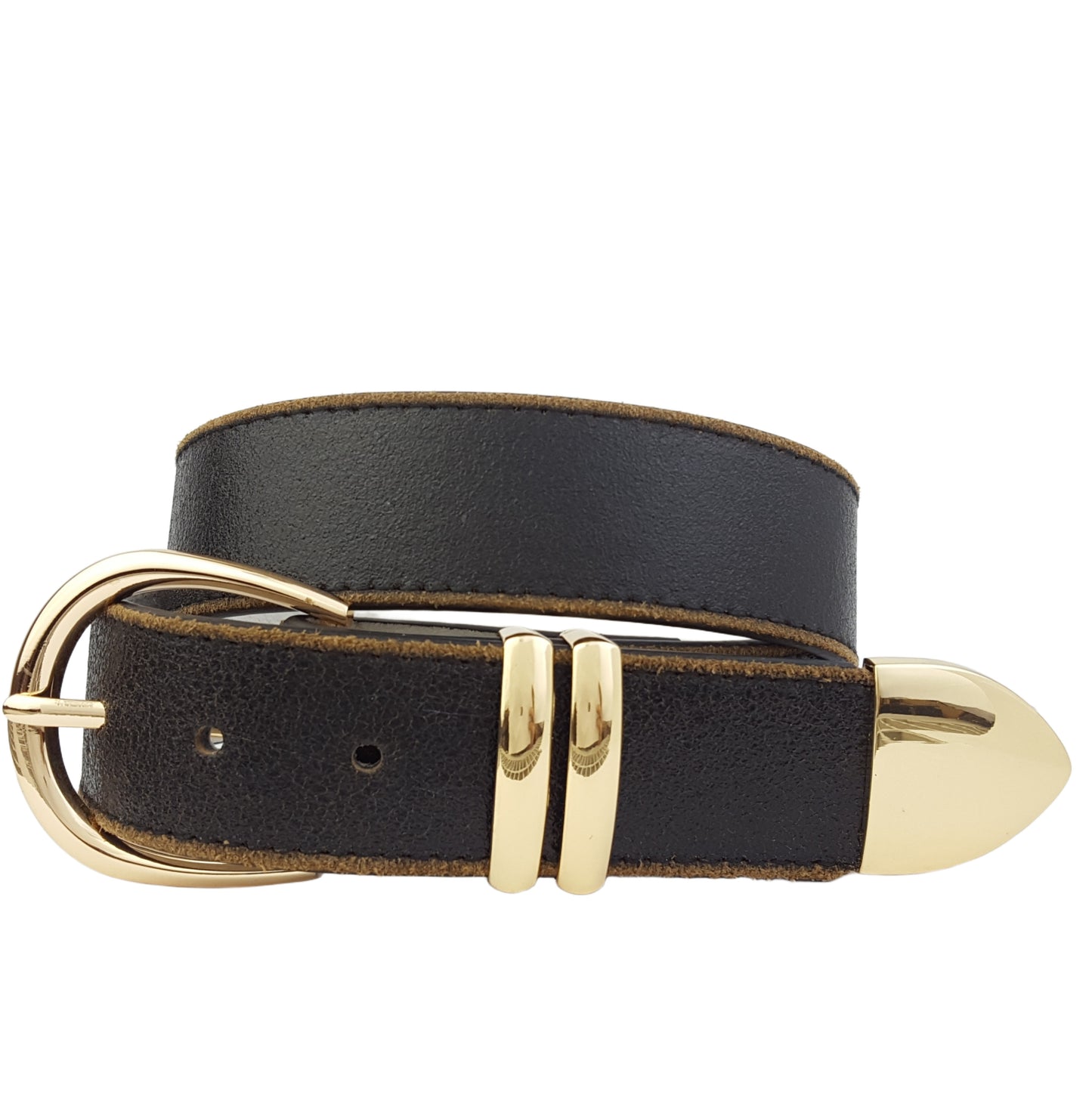 Belt: Vintage Leather belt with Shiny Gold Buckle set