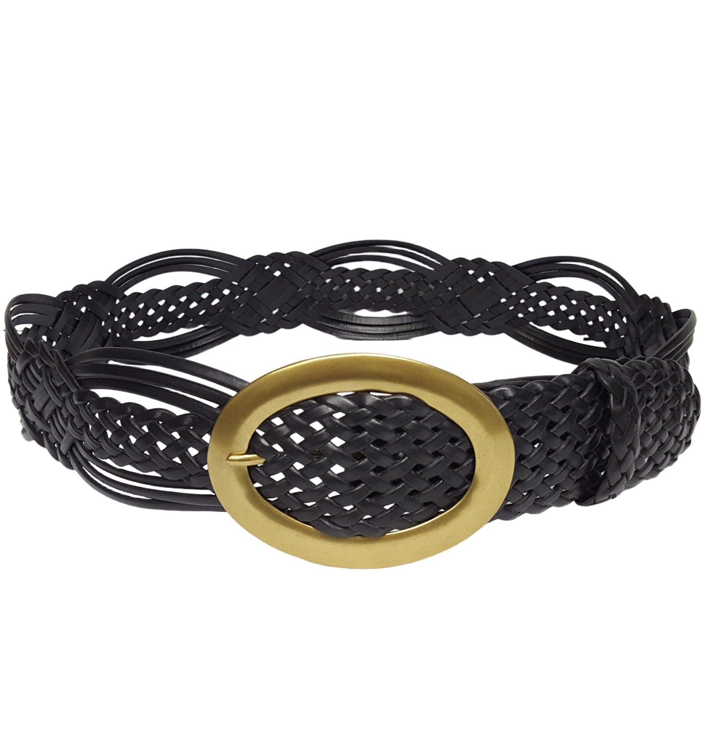 Belt: Hand Braided Leather Belt with Oval Brass Buckle