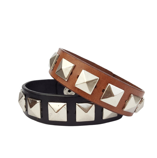 Bracelet: Leather Cuff with Silver Pyramid studs