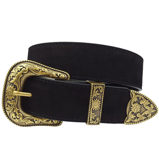 Belt: Genuine Suede Belt with Gold Western Buckle set