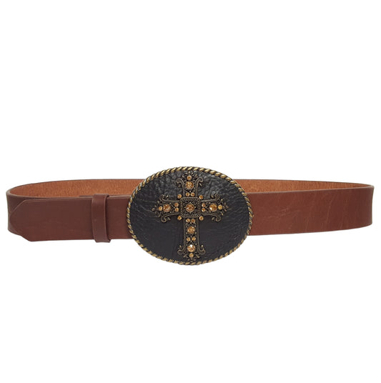 Belt: Genuine Leather Belt with Oval Cross Buckle