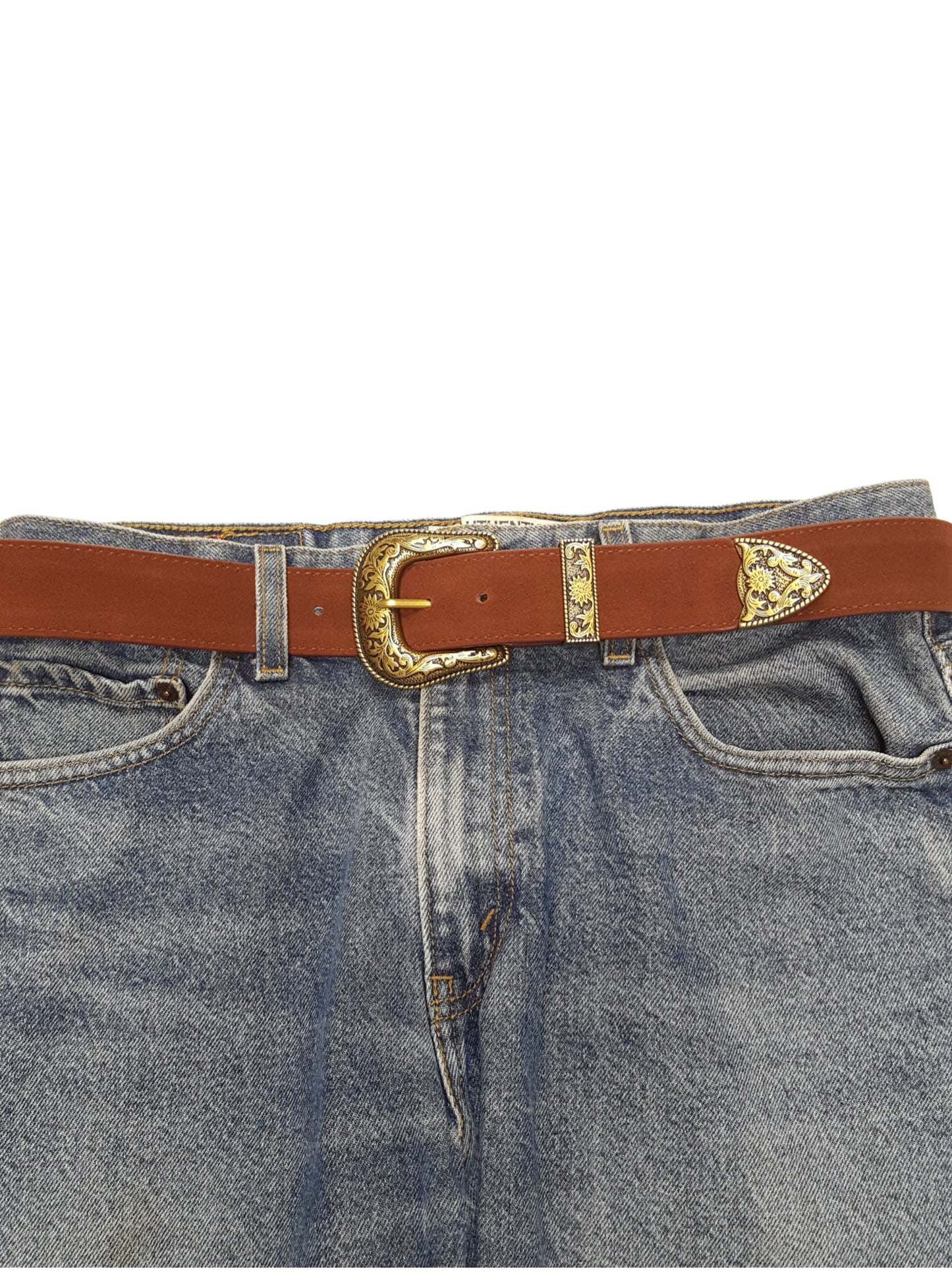Belt: Genuine Suede Belt with Gold Western Buckle set