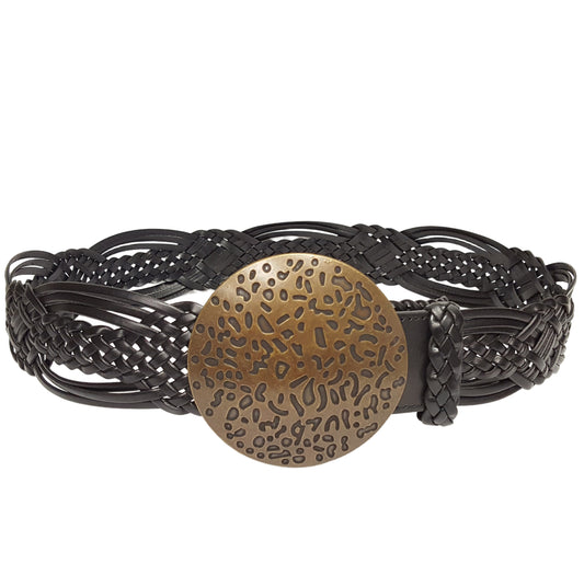 Belt: Hand Braided Leather Belt with Copper Round Buckle