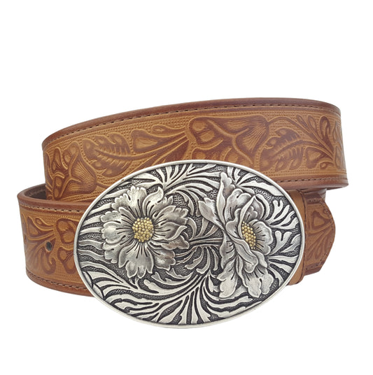 Belt: Western Sunflower Buckle w. Tooled Floral Belt