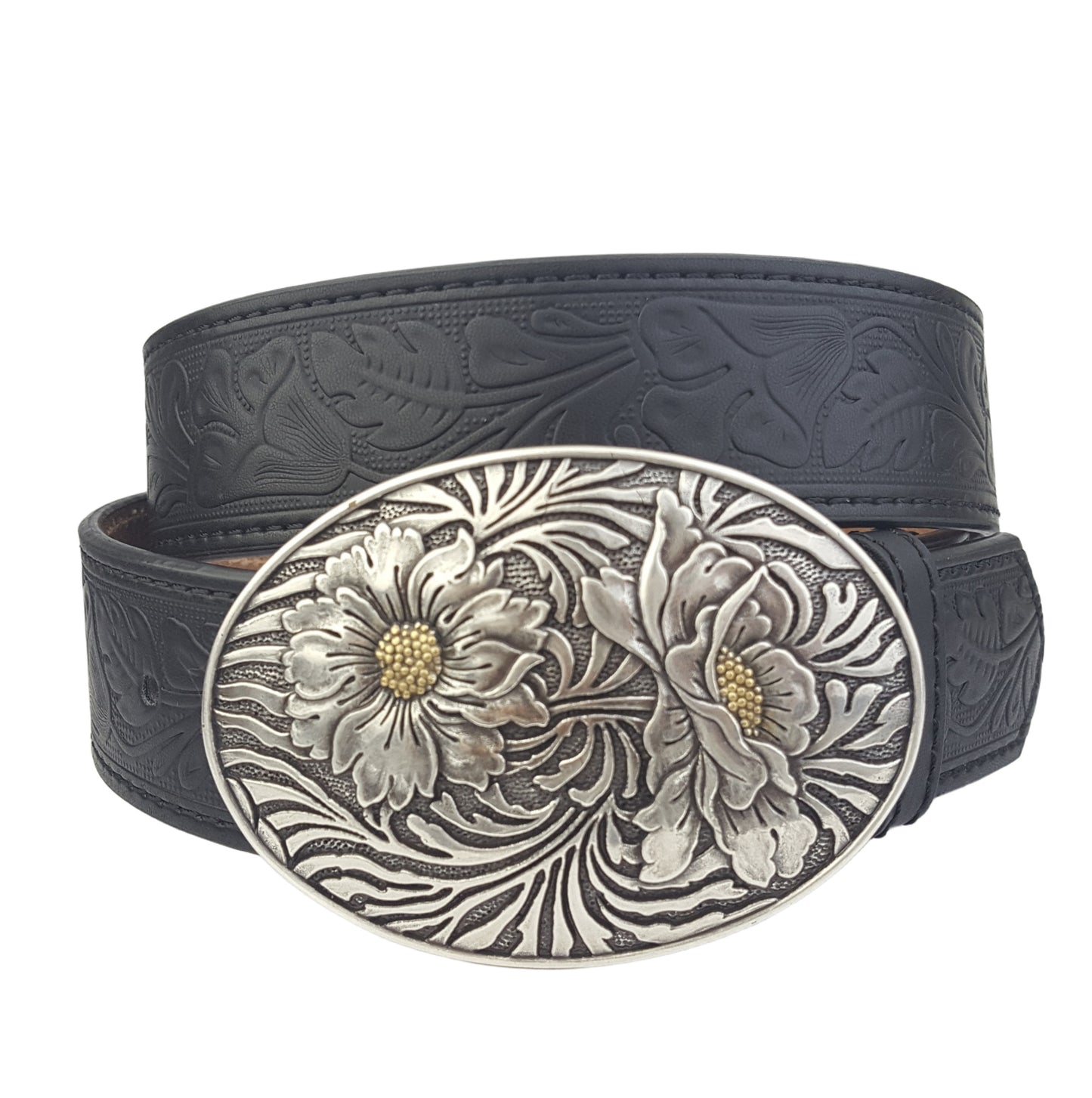 Belt: Western Sunflower Buckle w. Tooled Floral Belt
