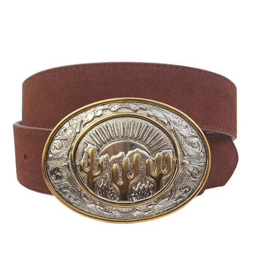 Belt: Genuine Suede Belt with Western Theme Cactus Buckle