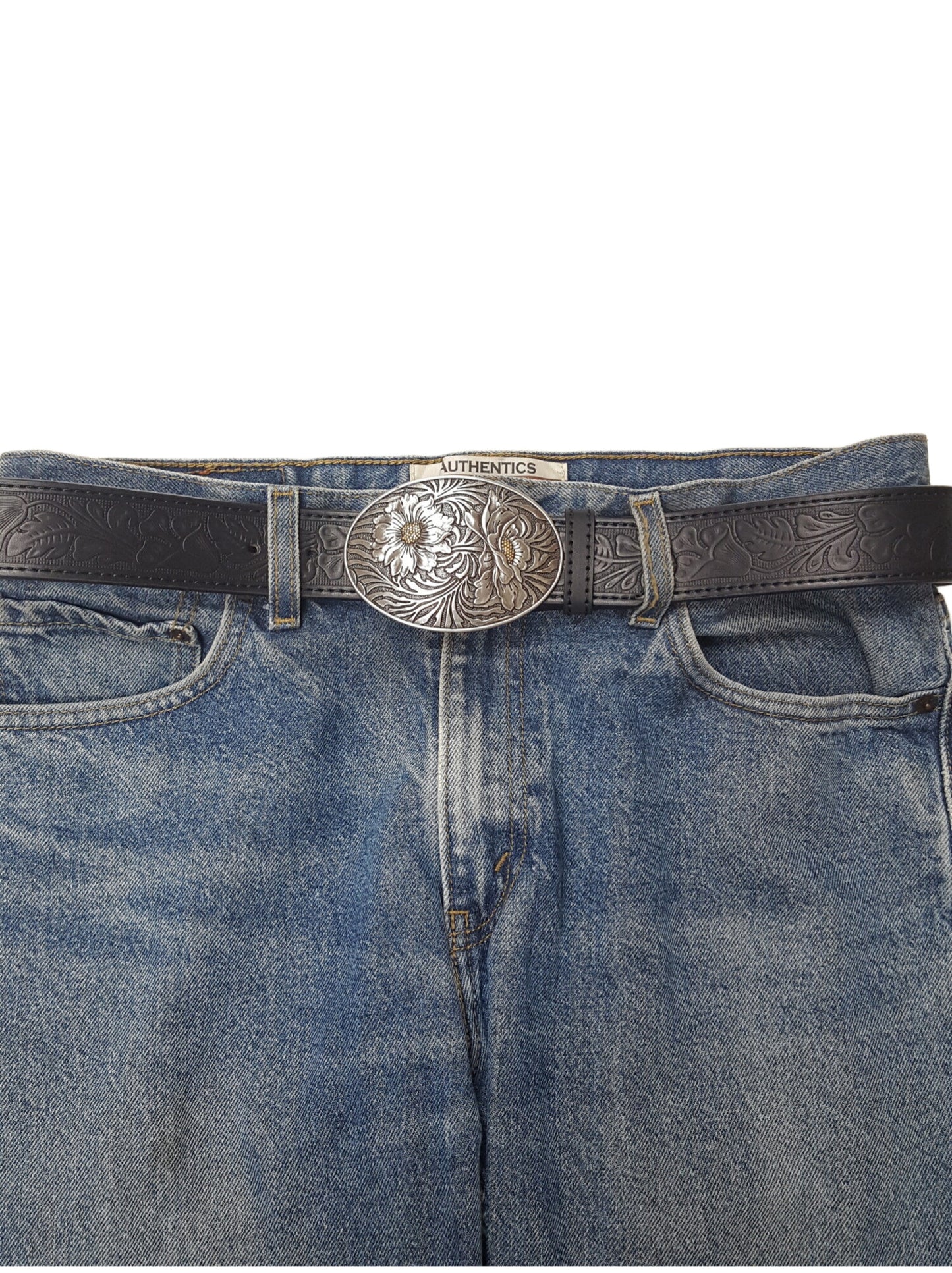 Belt: Western Sunflower Buckle w. Tooled Floral Belt
