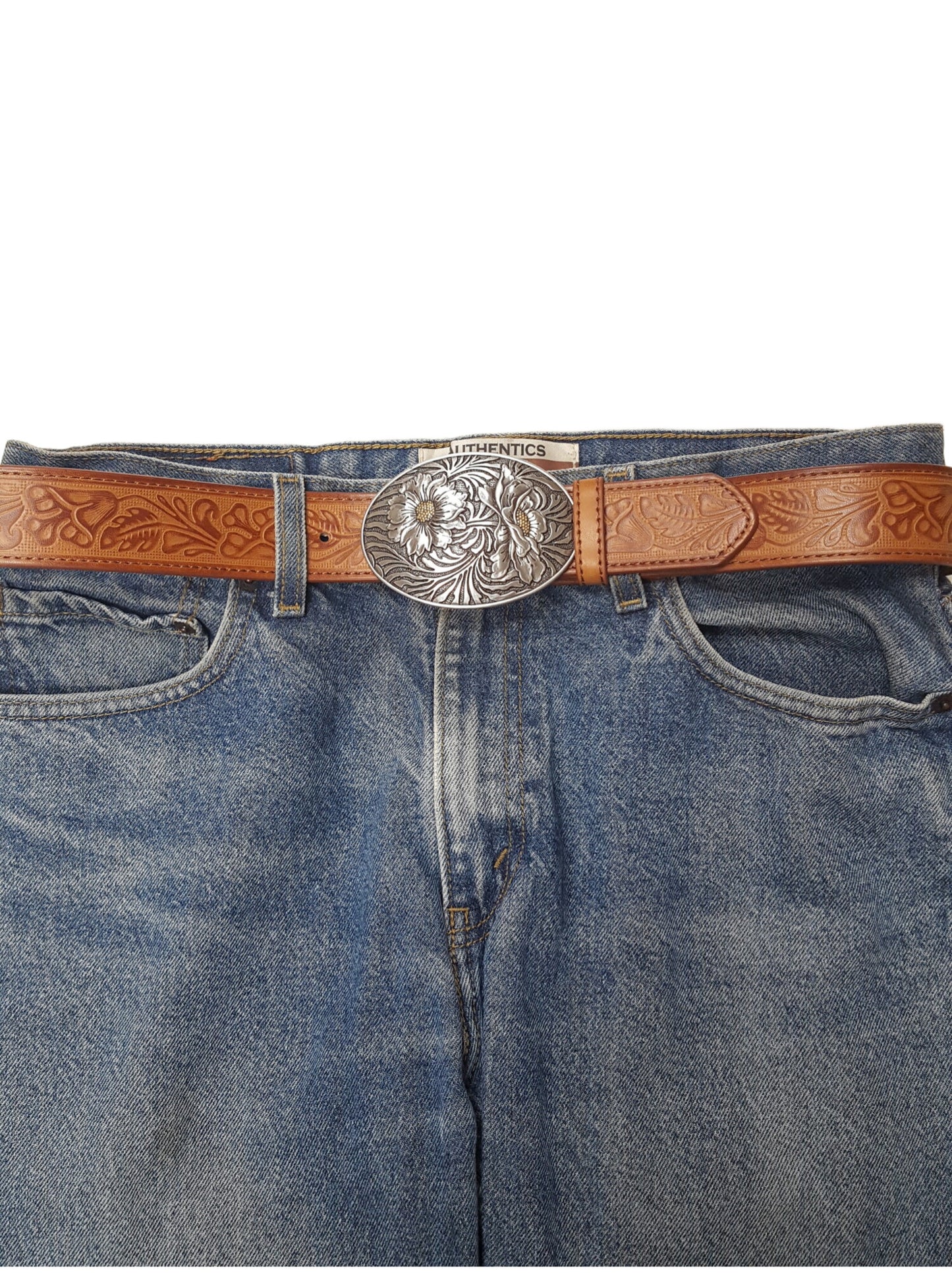 Belt: Western Sunflower Buckle w. Tooled Floral Belt